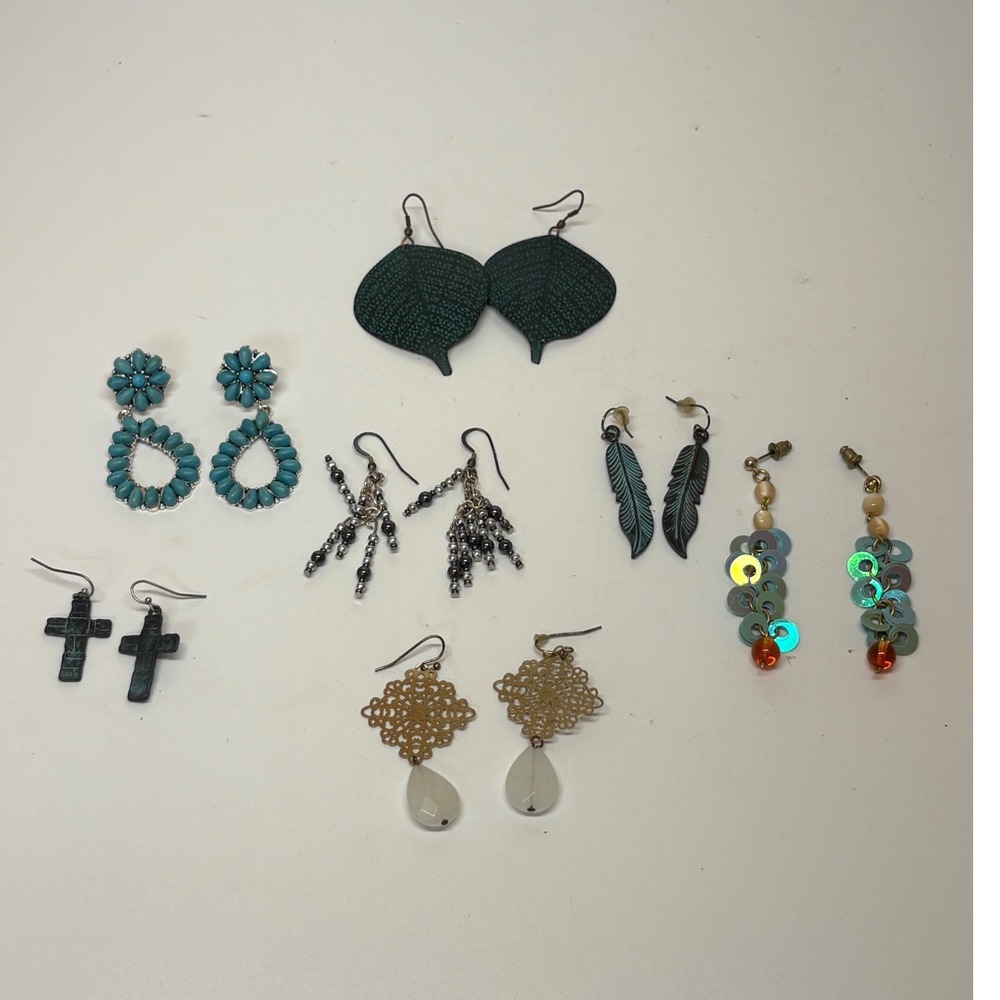 7 Pair Fashion Earring Lot Turquoise Style Boho Western Cross Leaf Dangle Set